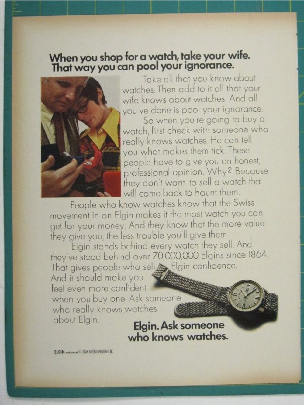 Print Ad When You Shop For A Watch Take Your Wife Elgin Watches 1960s Vintage AD